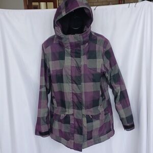 PWDR Room Purple/Gray Buffalo Plaid Snowboard Jacket w Hood, Sz S, 20" PTP, 30"L